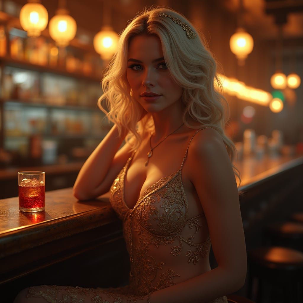 Elegant Blonde Barmaid Portrait in Art Nouveau Style