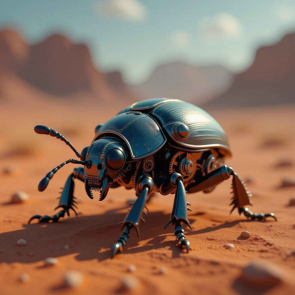 Clockwork Beetle Explores Miniature Desert Landscape