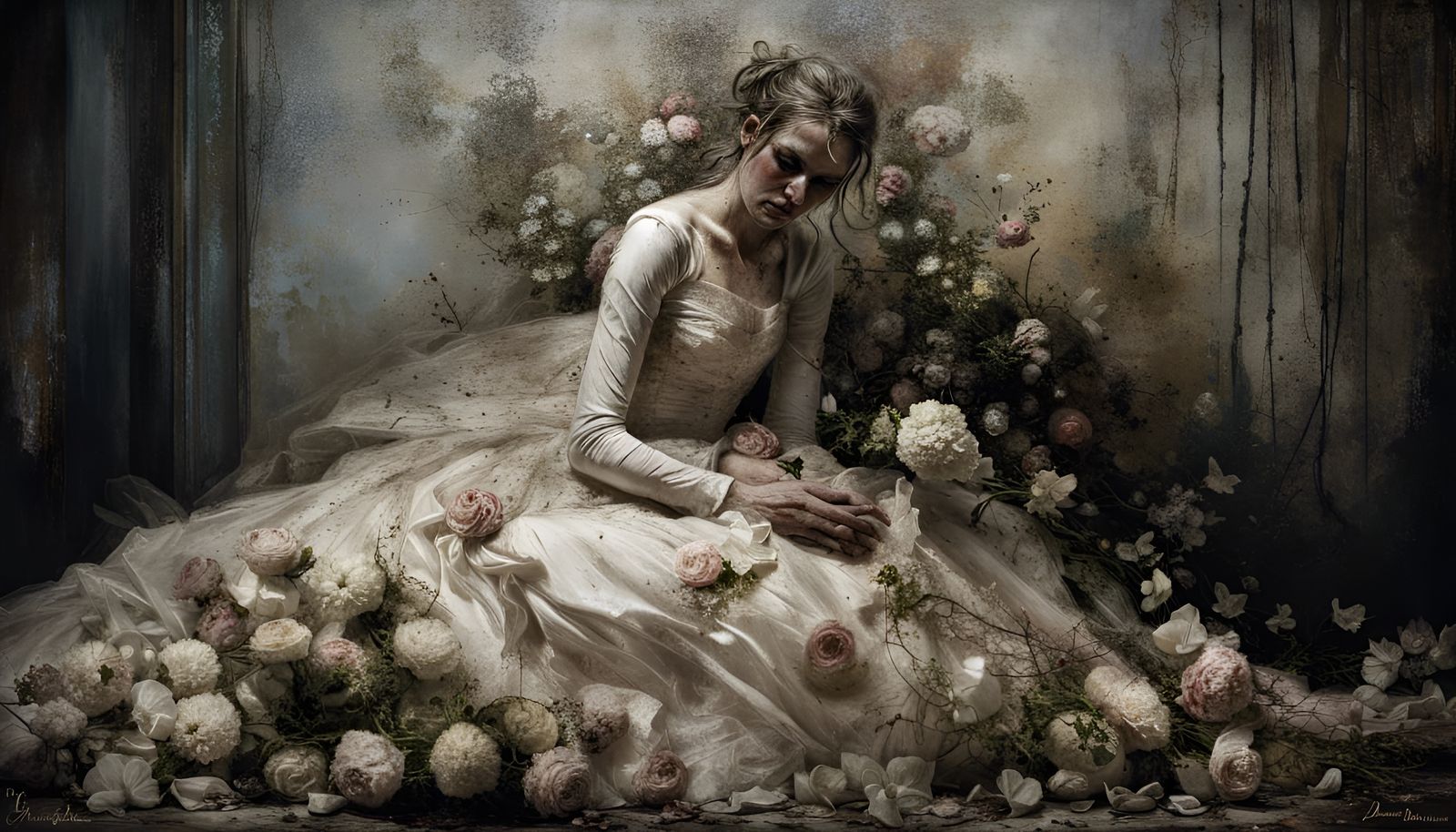 Wounded Bride with Flowers: Hyperrealistic Mixed-Media Photo...