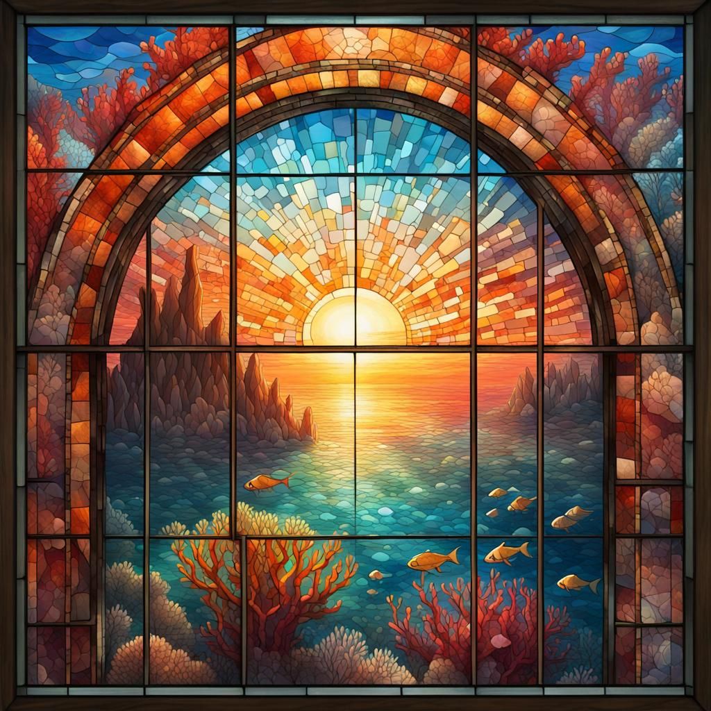Underwater Coral Reef Sunrise in Stained Glass