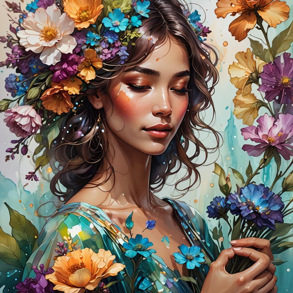 Woman Smelling Flowers: Alcohol Ink Art Portrait