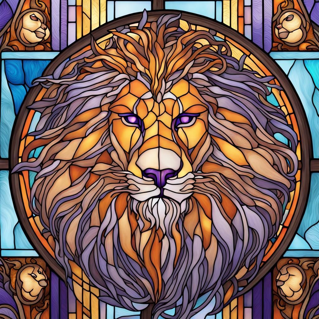 Lion Art Stained Glass Window Purple Eyes