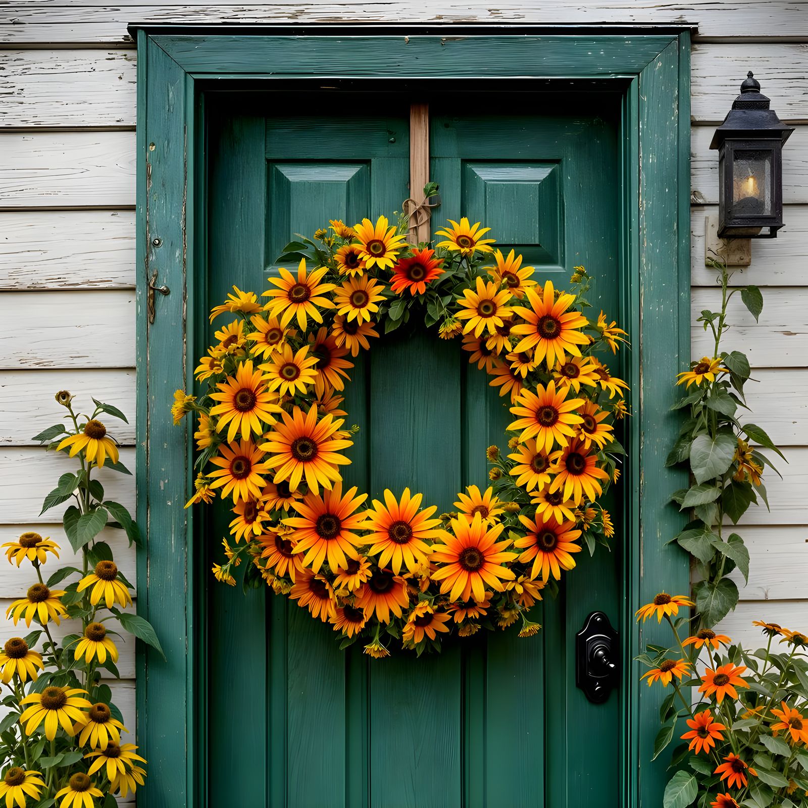 Cherokee Sunset Flower Wreath Adorns Country Home Door