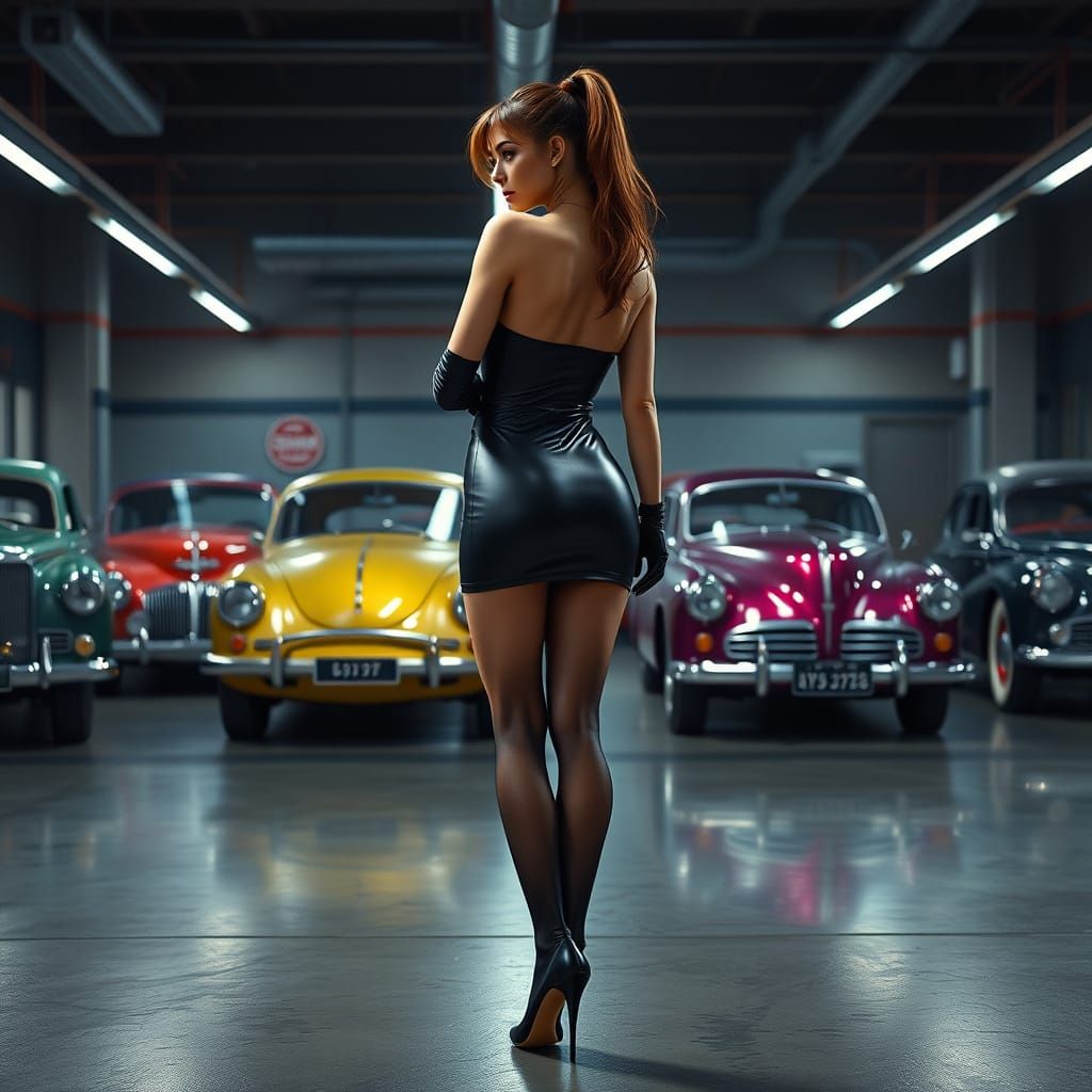 Sultry Goddess Amidst Vintage Classics in a Garage