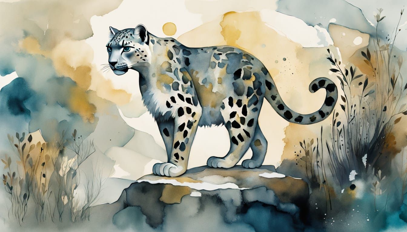 Snow Leopard and Protea in Ethereal Watercolor Style