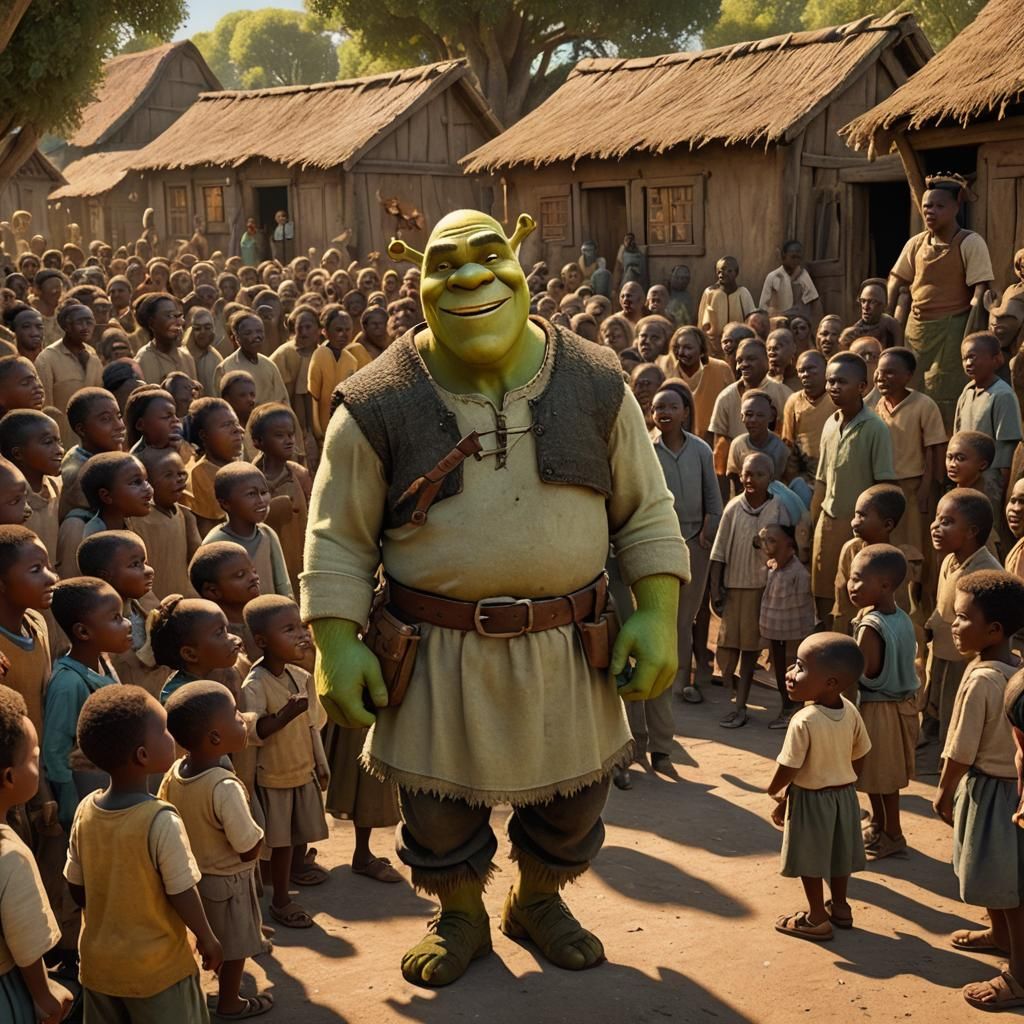 Shrek Helping Children in Africa: Hyper-Realistic Image