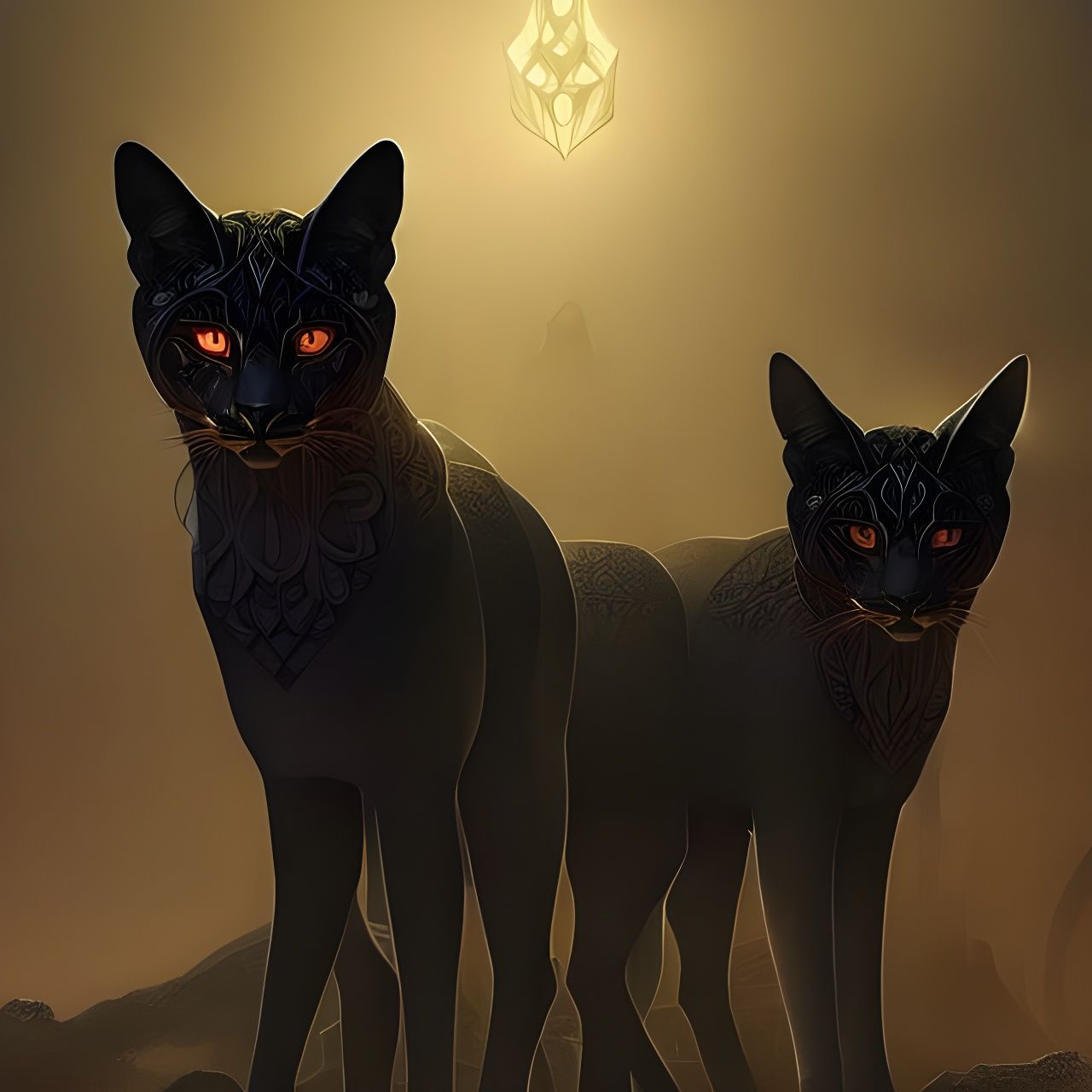 Onyx Anubis Cat Chimera Twins in Ethereal Style