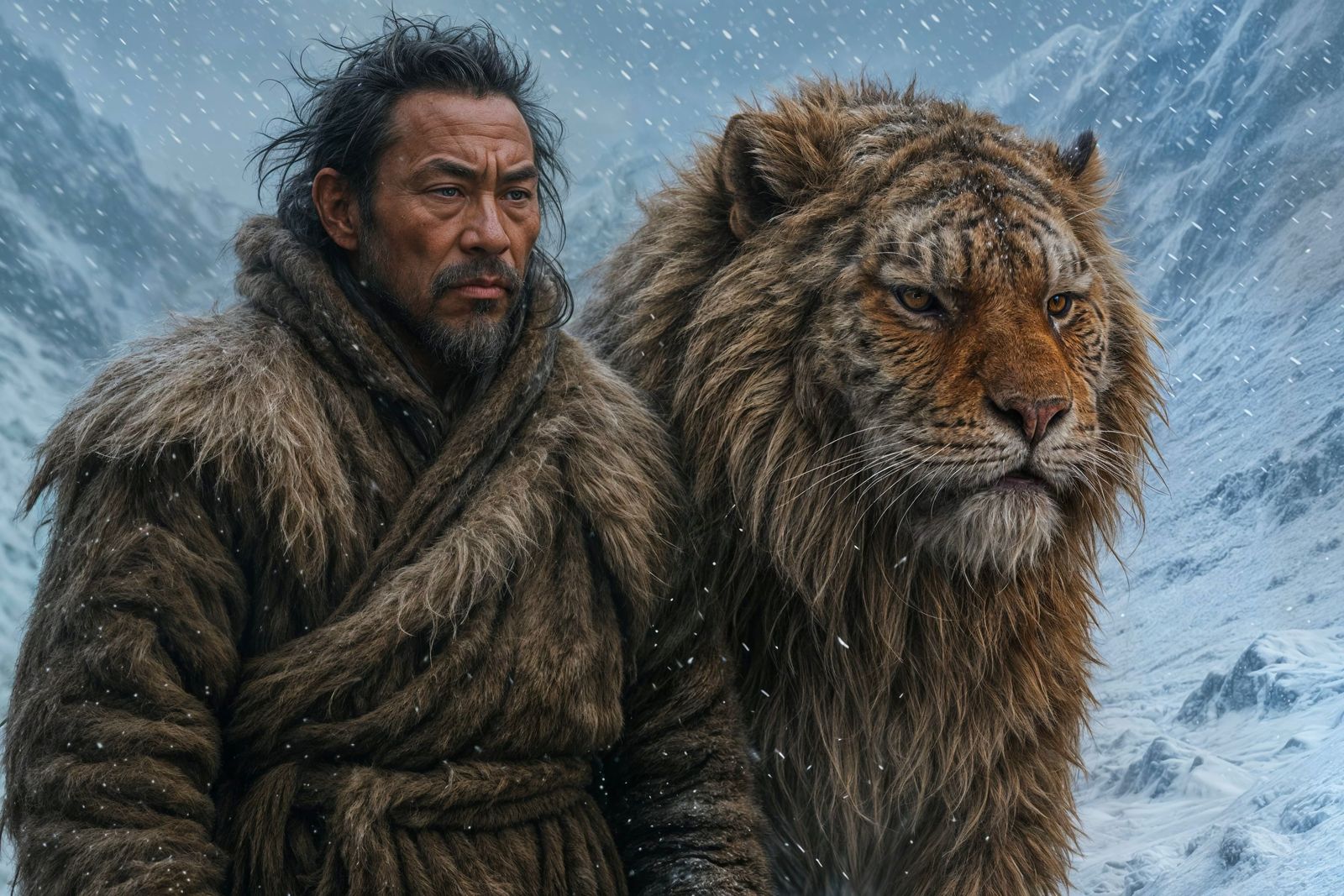 Monk and Woolly Tiger in Blizzard: Photorealistic 8K