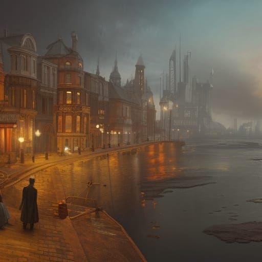 Victorian Era Coastal City by Night