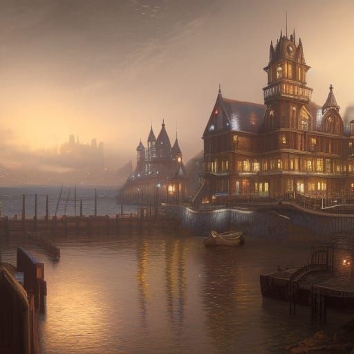 Victorian Era Coastal City by Night