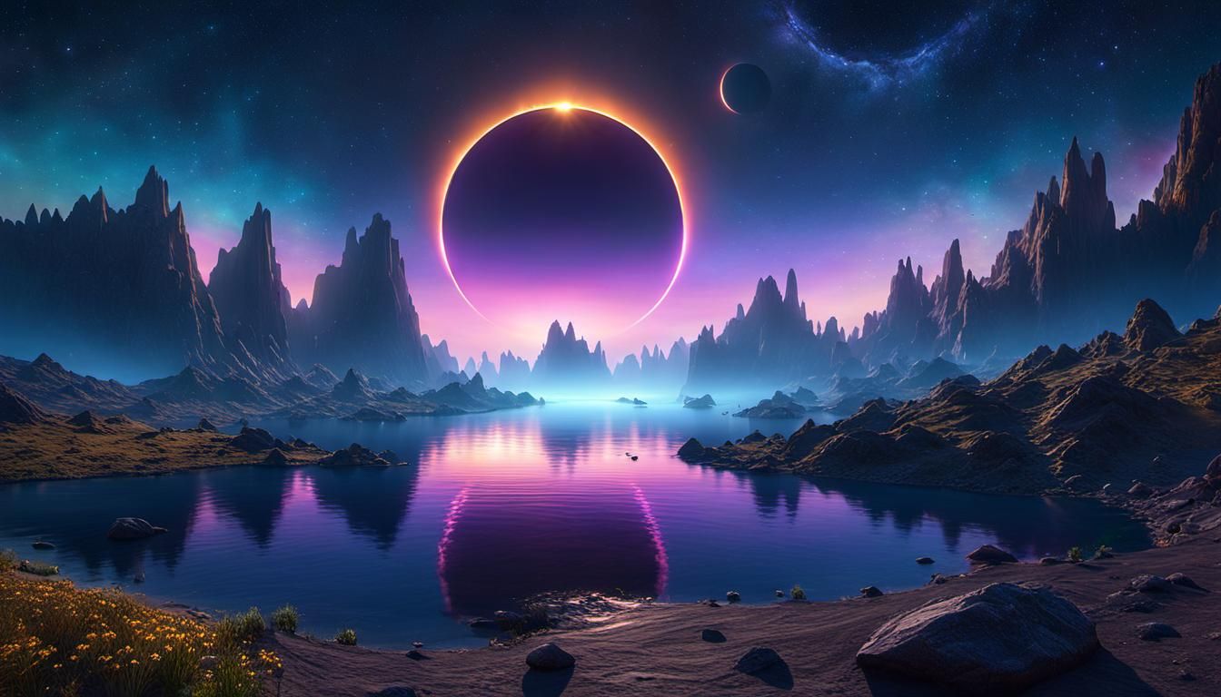 Spectacular Solar Eclipse Reflecting on Alien Lake
