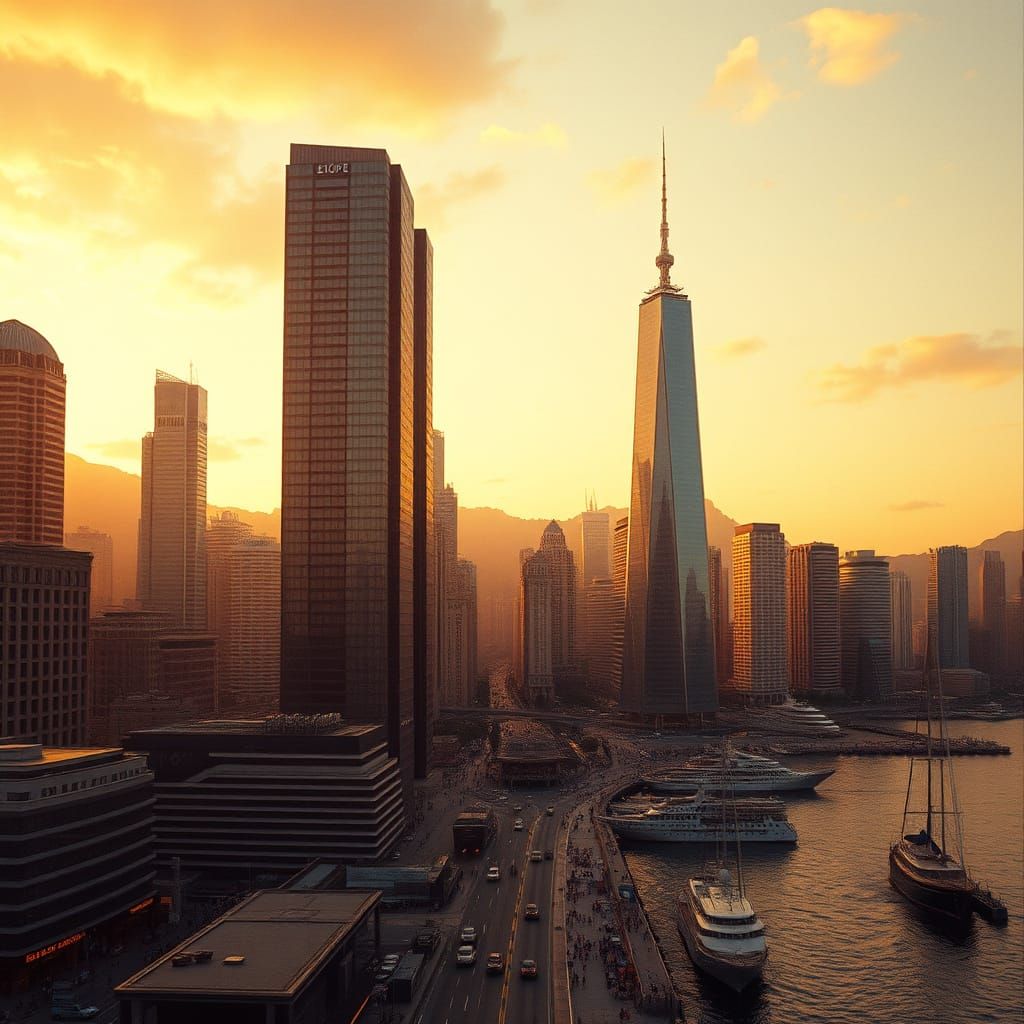 Golden Hour Harbor Cityscape