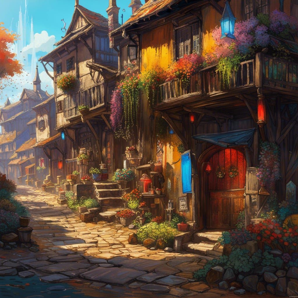Medieval Village Digital Illustration in Vibrant Triadic Col...