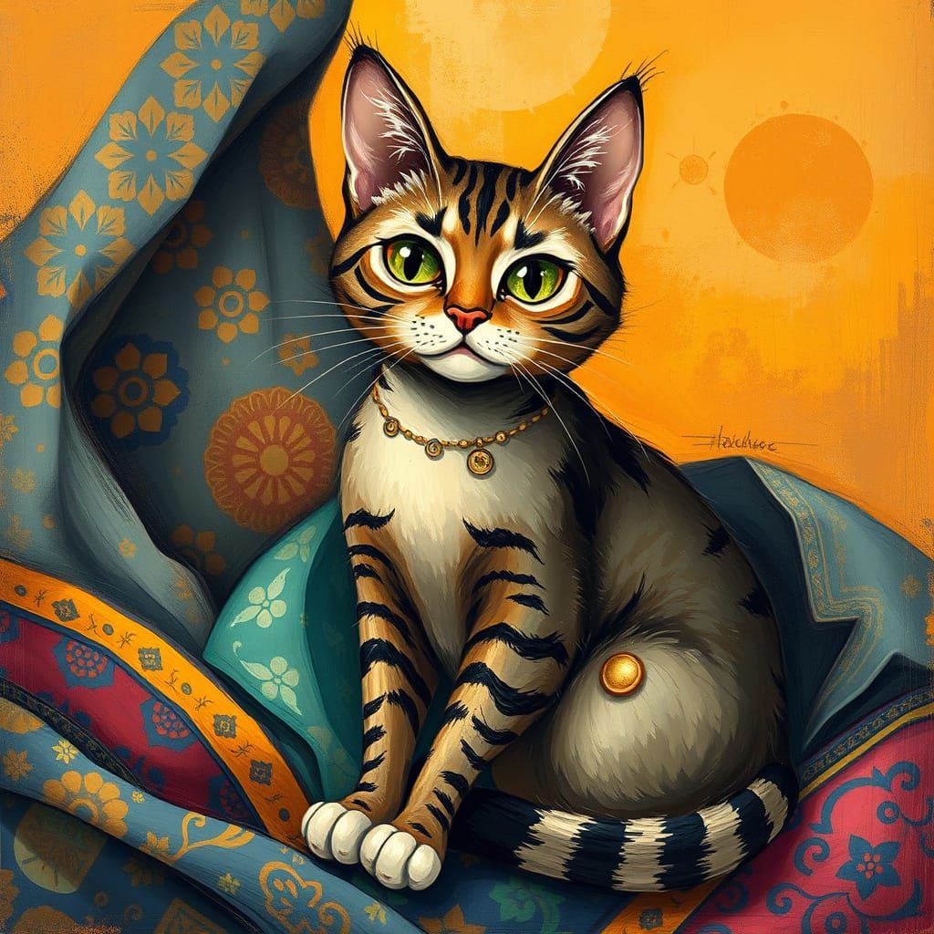 Whimsical Sahura Cat Amidst Desert Fabrics