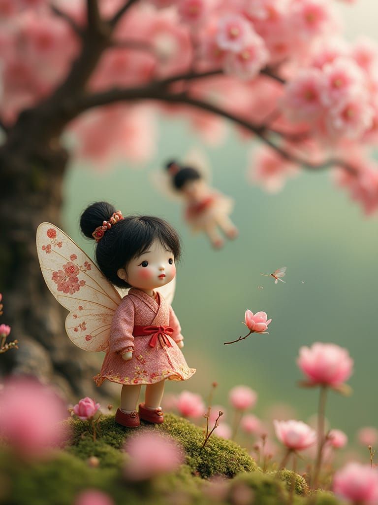 Kokeshi Doll Fairies in Sakura Garden, Matte Painting