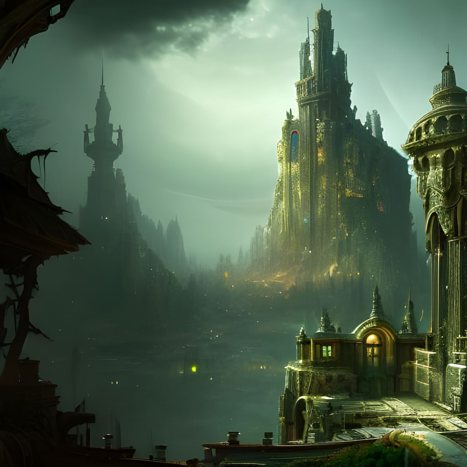 Dieselpunk Palace Overlooking Dystopian Cyberpunk Wasteland