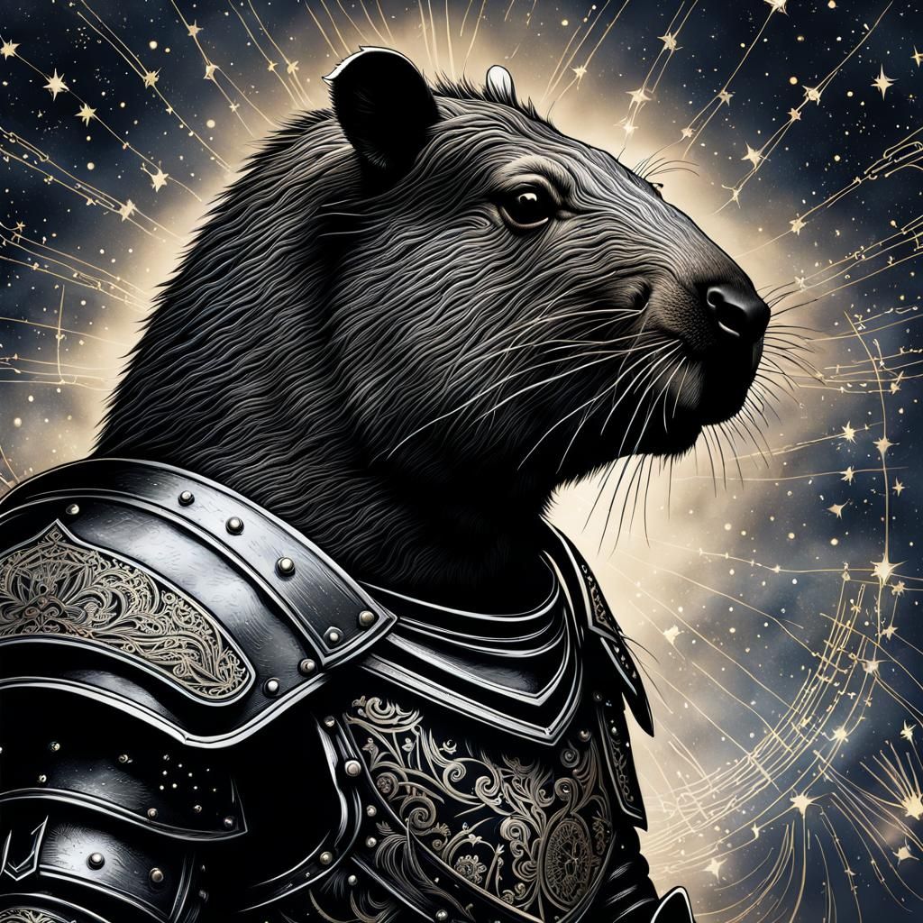 Armored Capybara Knight with Constellation Background