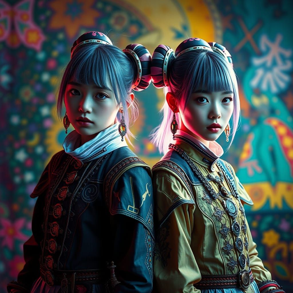 Hyperrealistic Twins in Intricate Outfits
