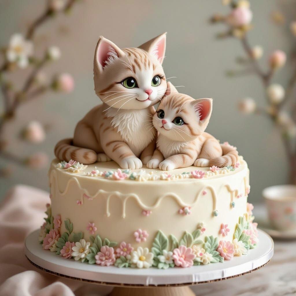 Whimsical Cat and Kitten Cake in Storybook Style