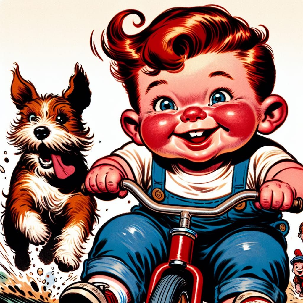 Boy on Tricycle, Classic 1950s Comic Art