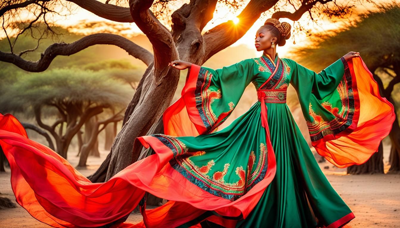 African Woman in Hanfu: Ink and Watercolor Style