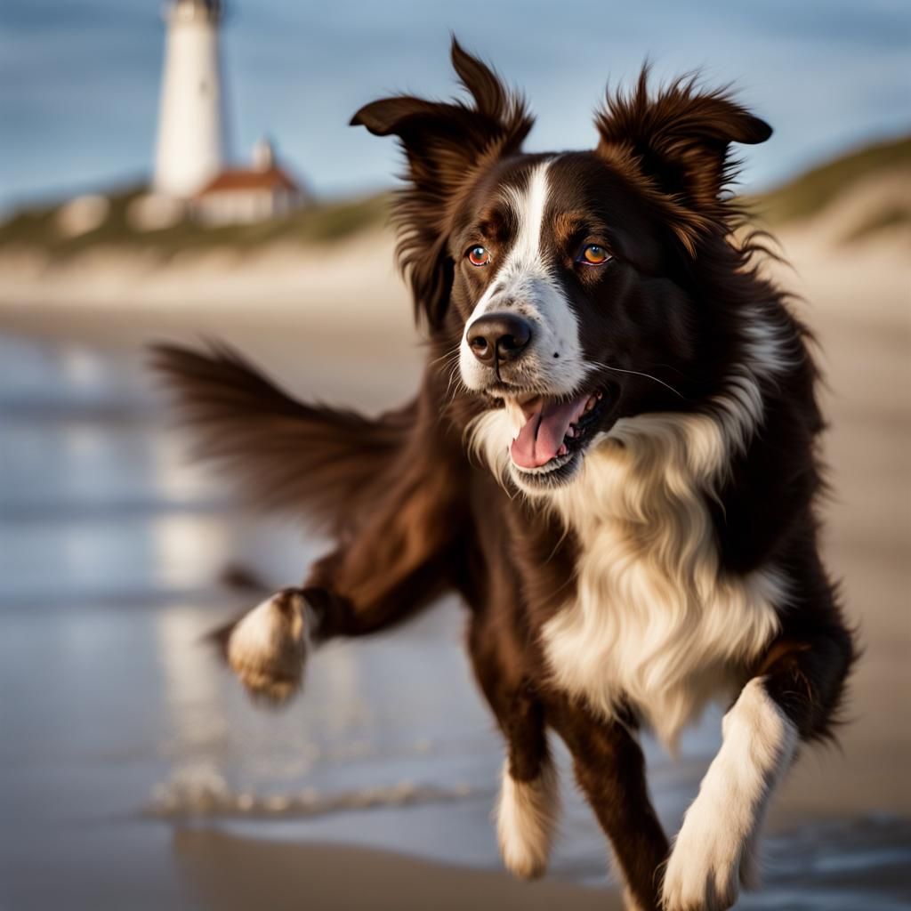Border Collie Beach Portrait with Lighthouse