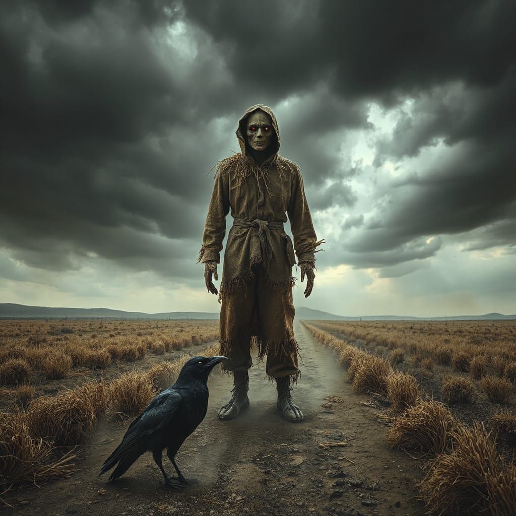 Mysterious Scarecrow in Desolate Field Under Ominous Sky