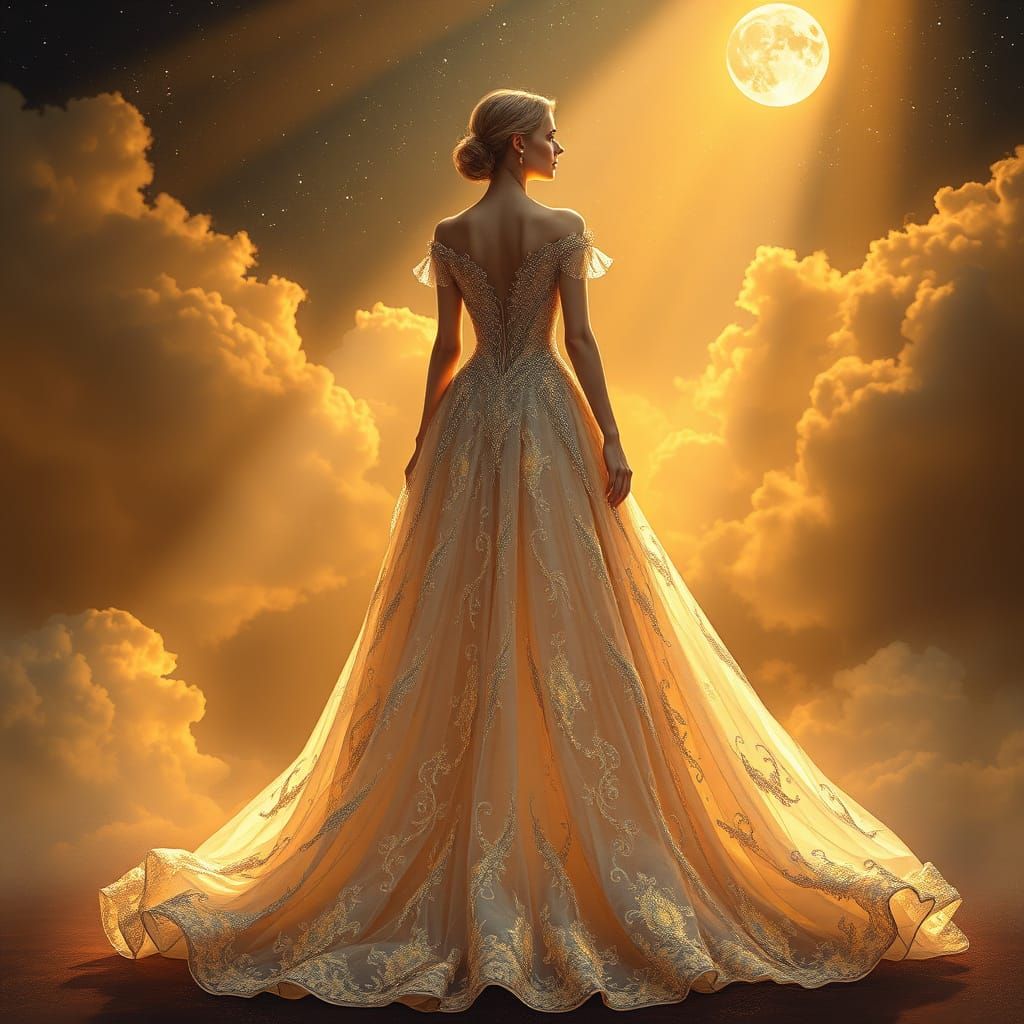Ethereal Woman in Celestial Gown, Dreamlike Illustration