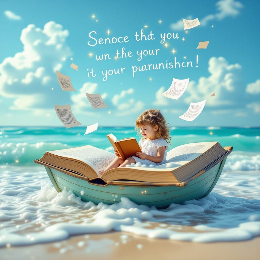 Enchanted Beach: Girl Reads in Floating Book