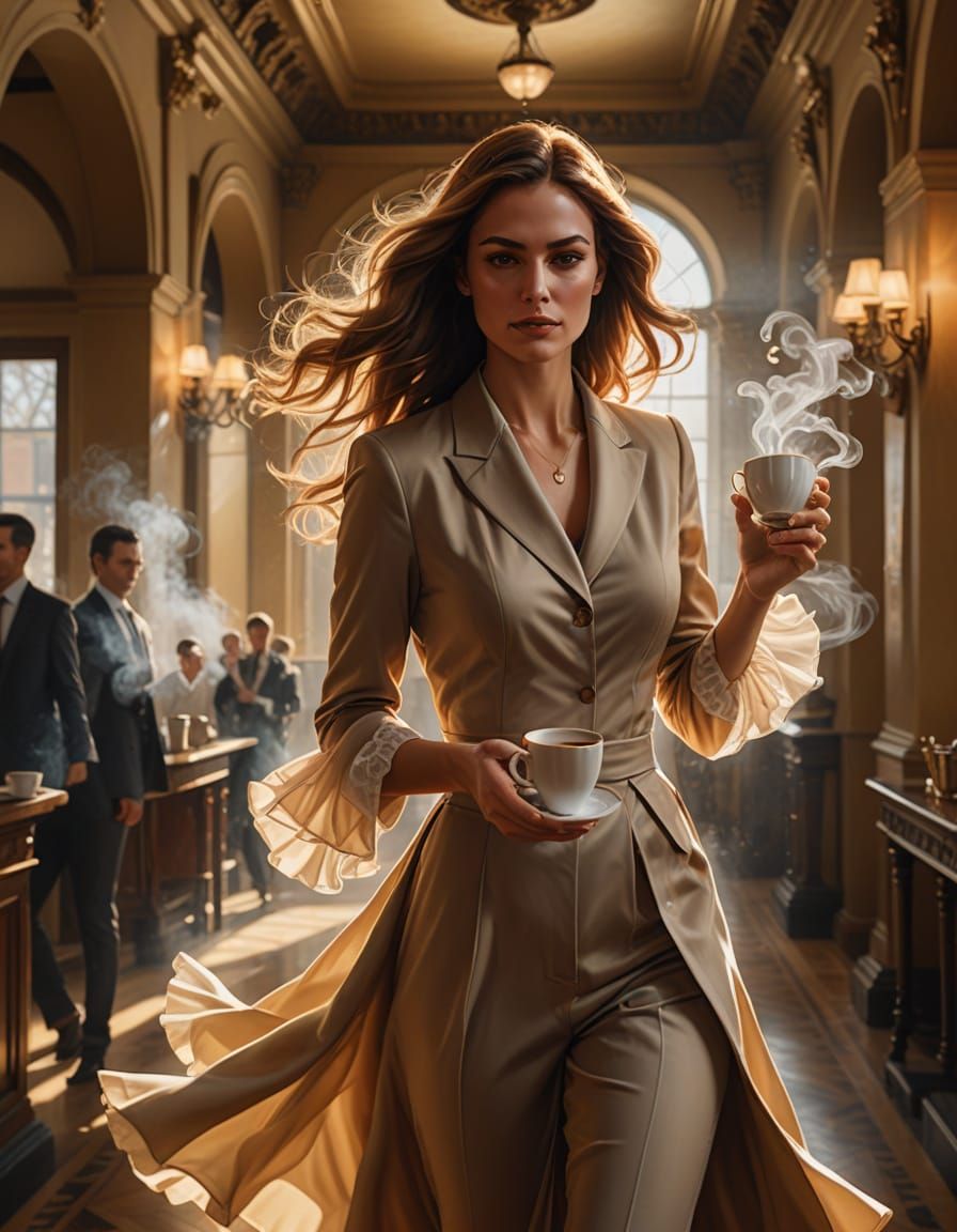 Ethereal Secretary in Sunlit Hallway: Digital Art