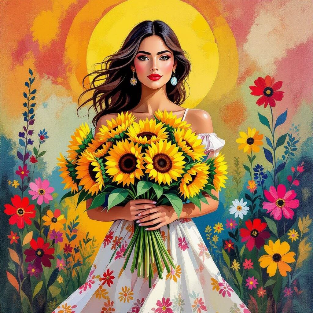 Woman with Sunflowers in Folk Art Style