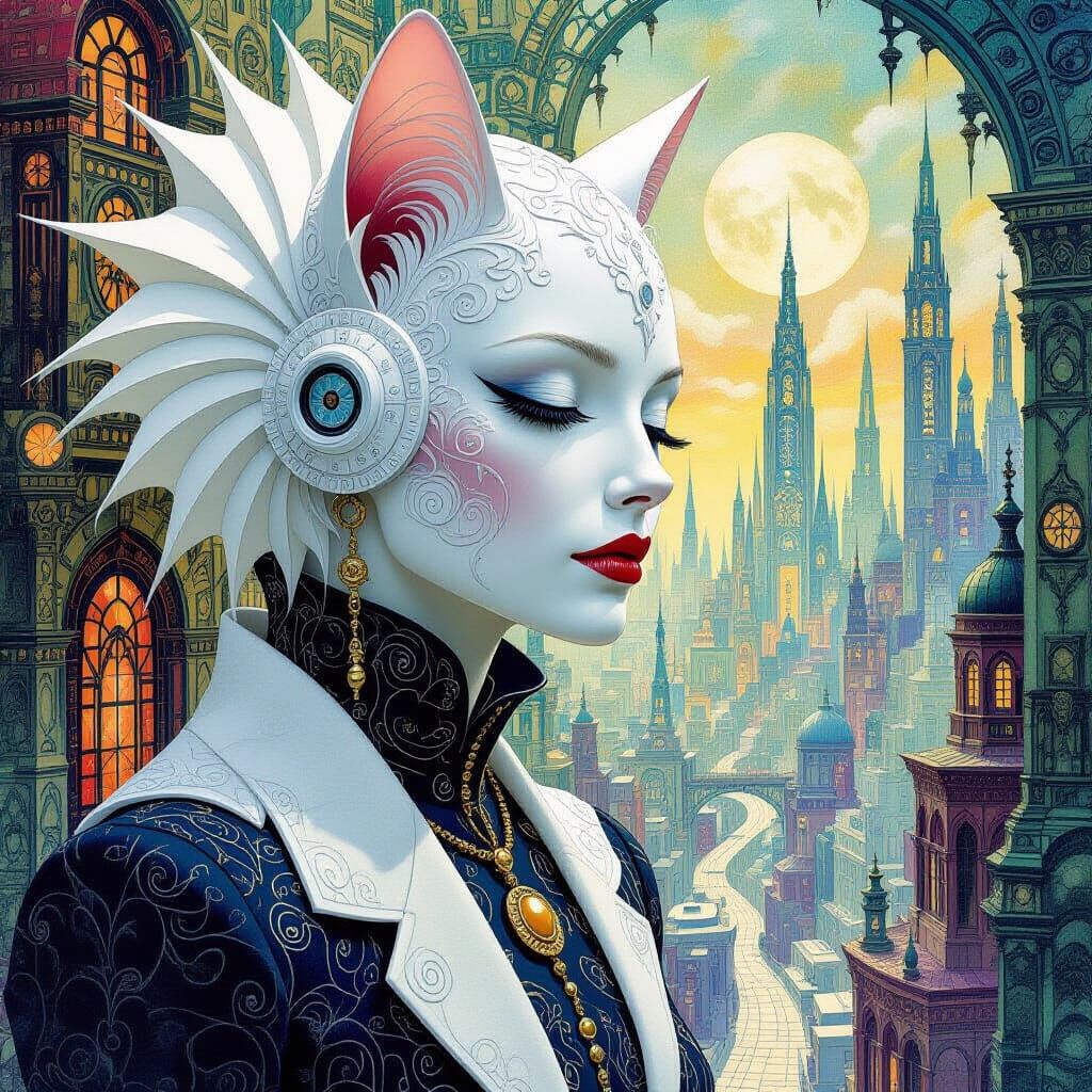 Intricate White-Faced Creature in Futuristic City