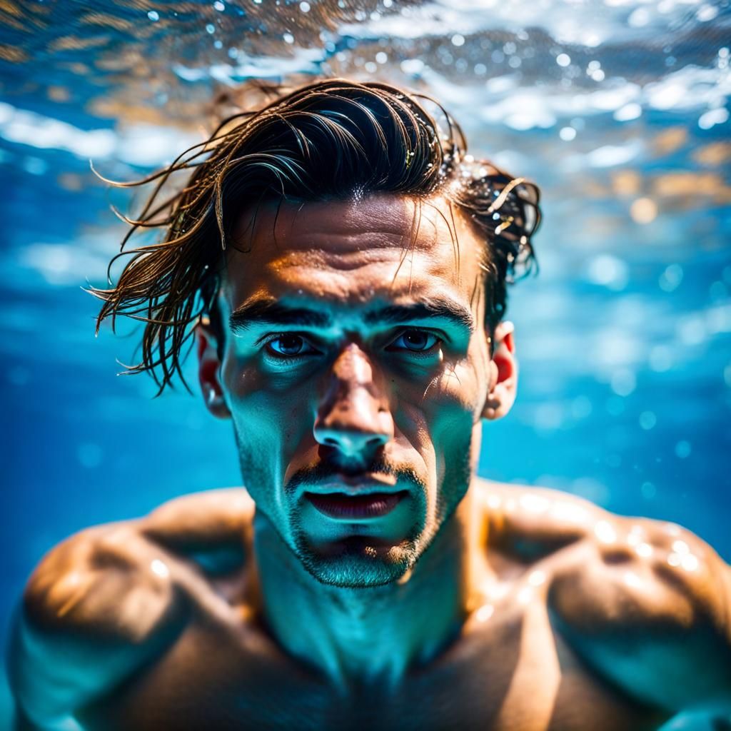 Underwater Portrait of Young Man Swimming