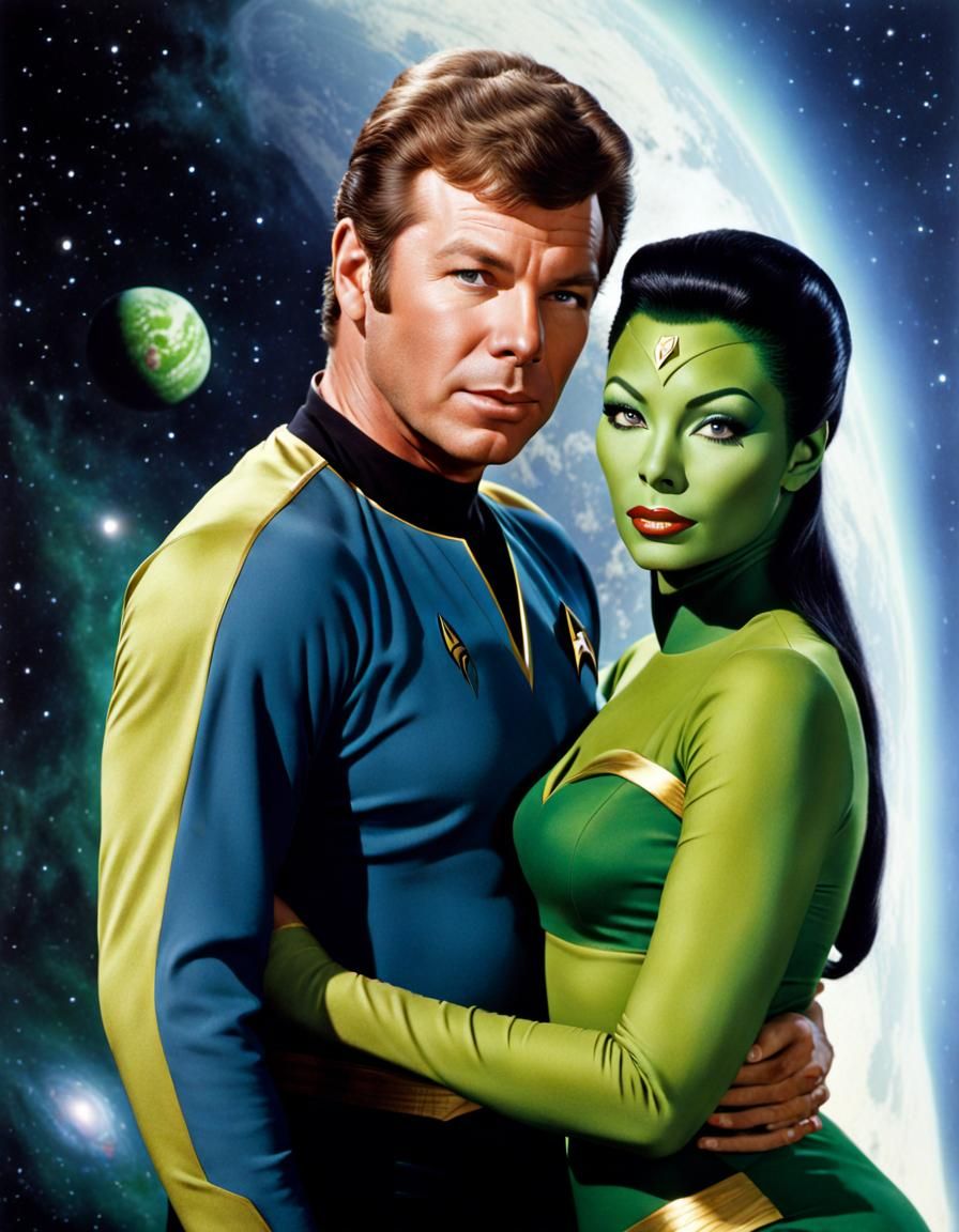 Captain Kirk Embraces Orion Woman in Star Trek Scene
