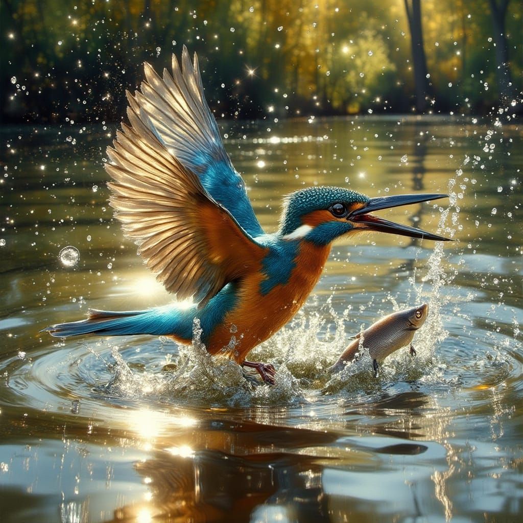 Kingfisher's Dive: Vibrant Audubon-Inspired Illustration
