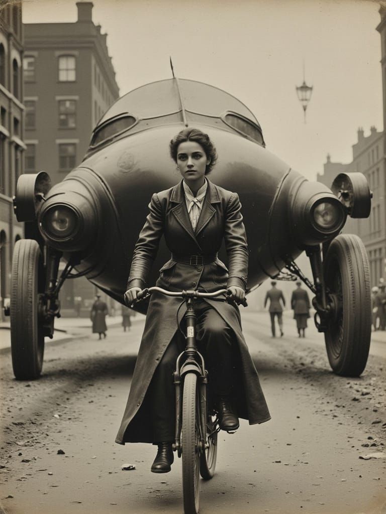 Gritty Retro-Futuristic Woman Rides Vintage Bicycle in Post-...