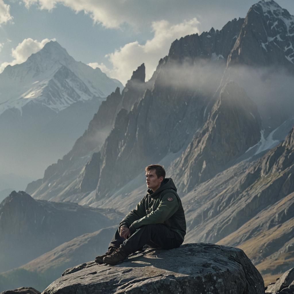Contemplative Slavic Boy in Mountain Landscape