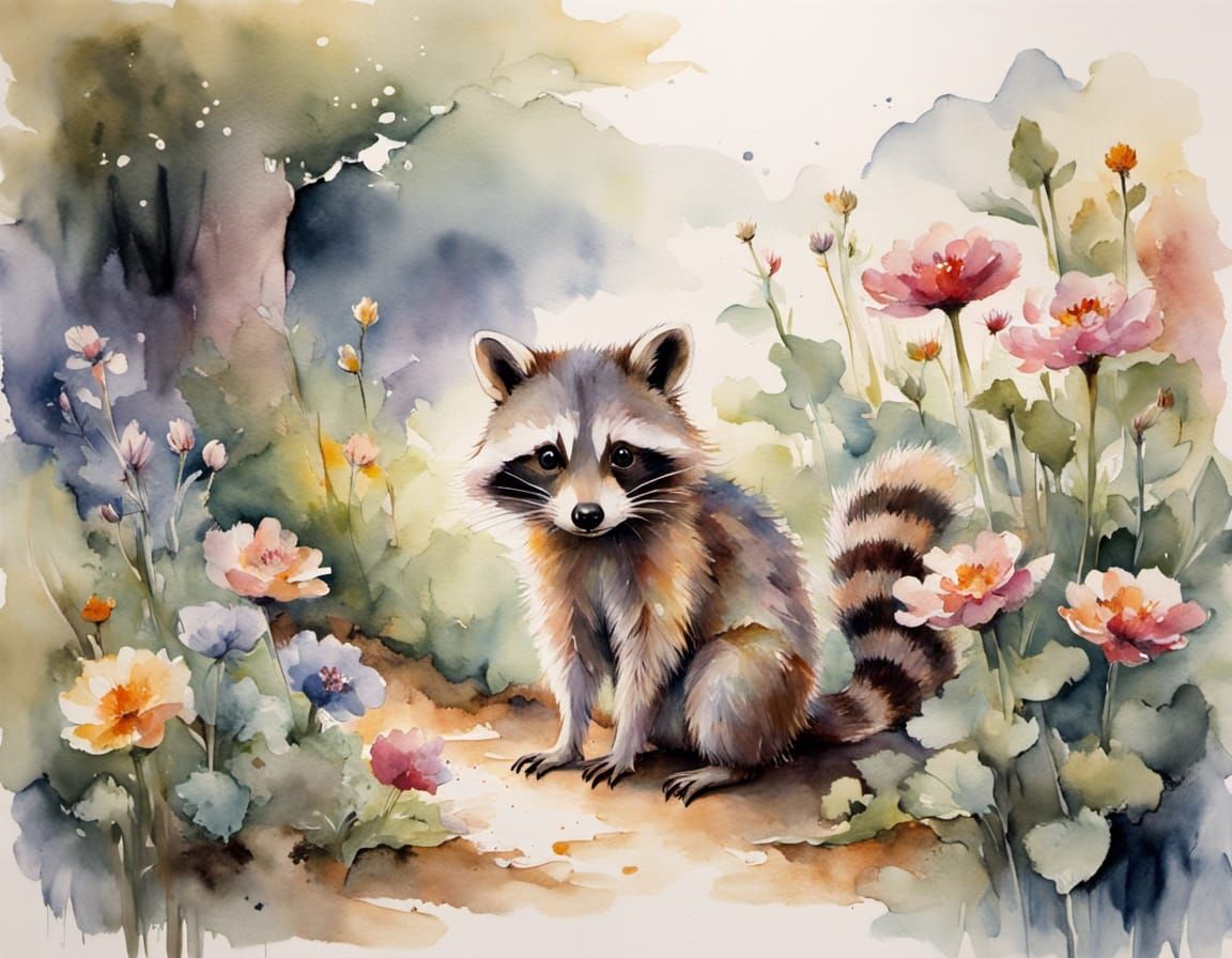 Raccoon Detective in Watercolor Garden