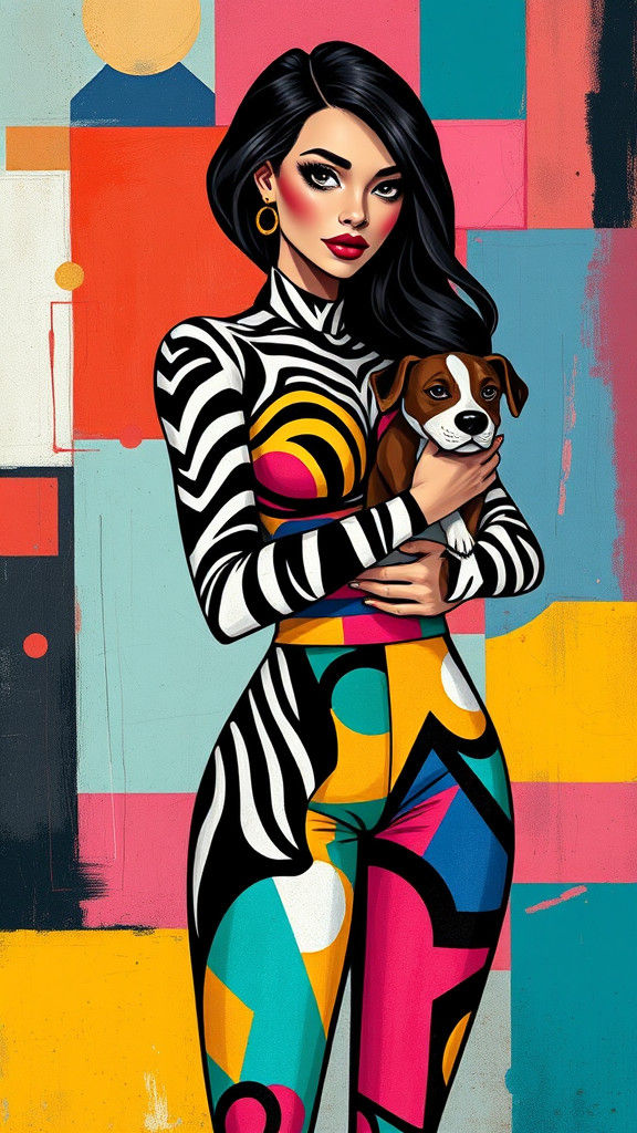 Modern Woman with Dog in Cubist Pop Art Style