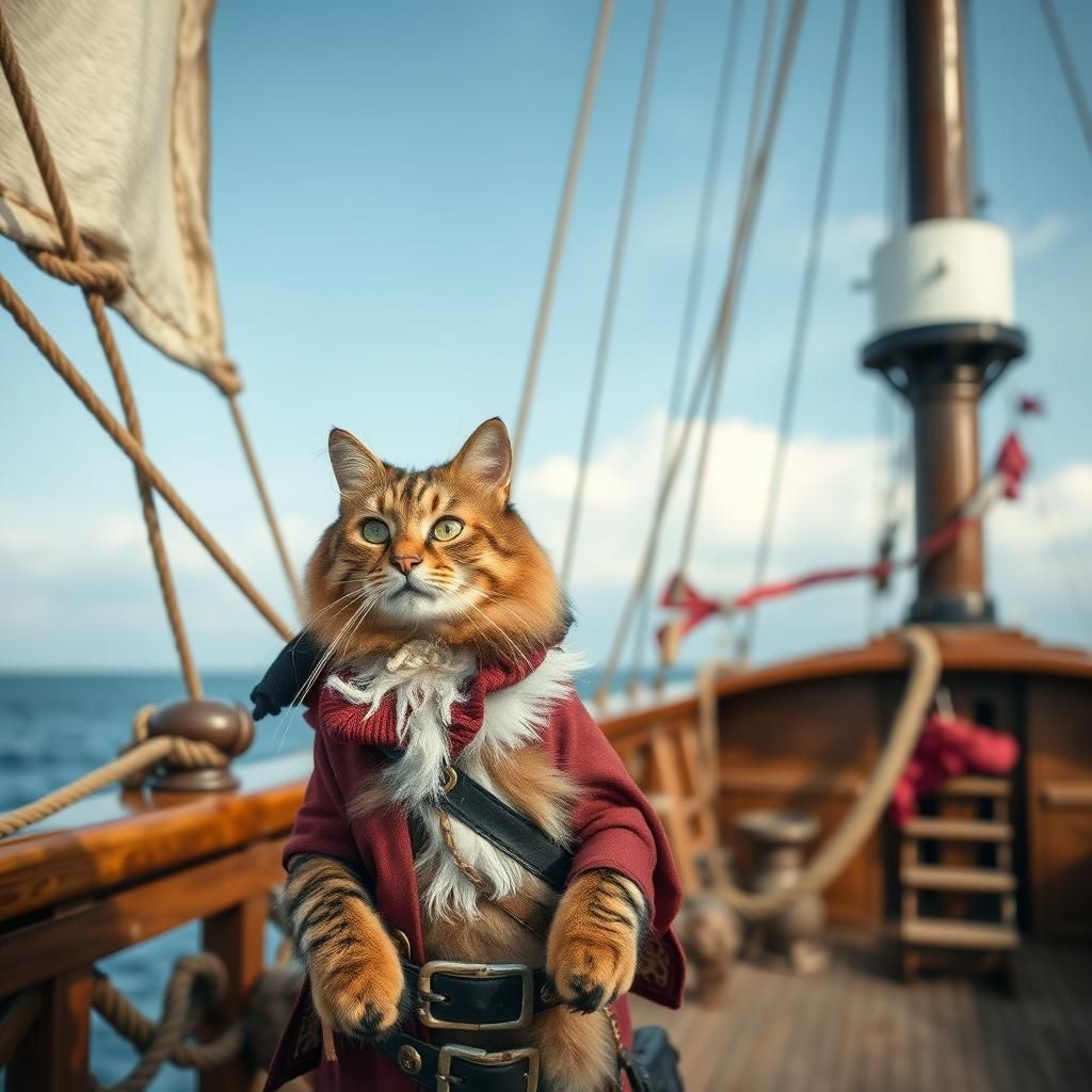 Cat-Eared Pirate Scallywag on Sailing Ship Deck