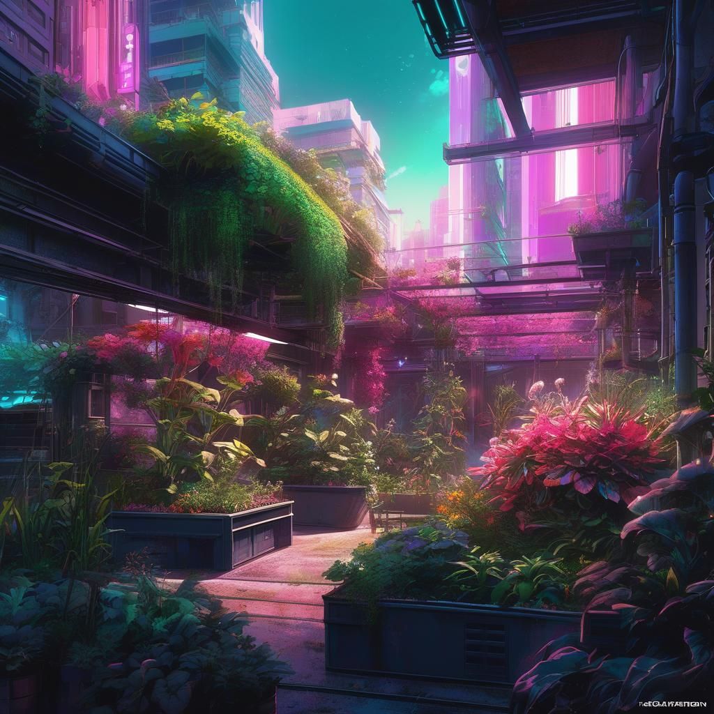 Cyberpunk Urban Garden: Watercolor and Mythological Fusion