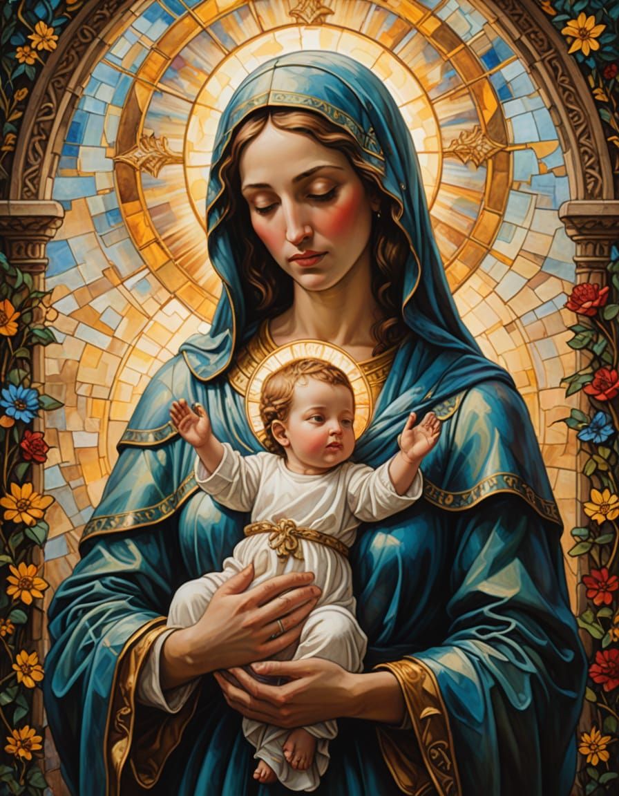 Surrealist Mother Mary Illuminated by Divine Light