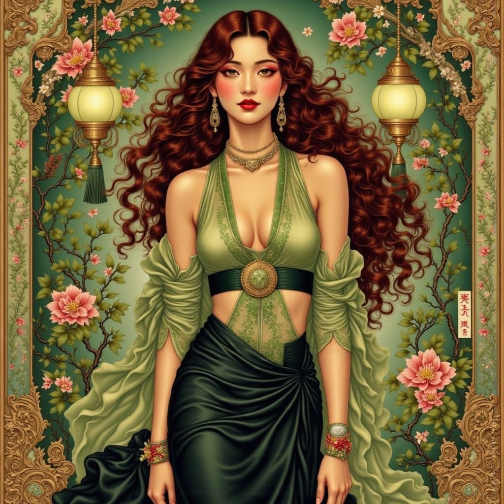 Maroon-Haired Woman in Japanese Art Nouveau Style