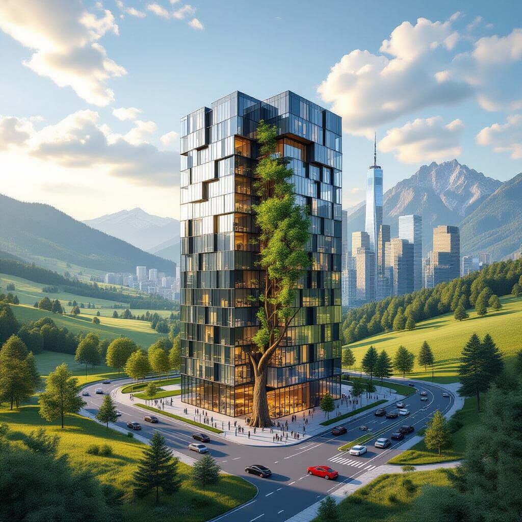 Modern Building Amid Contrasting Landscapes