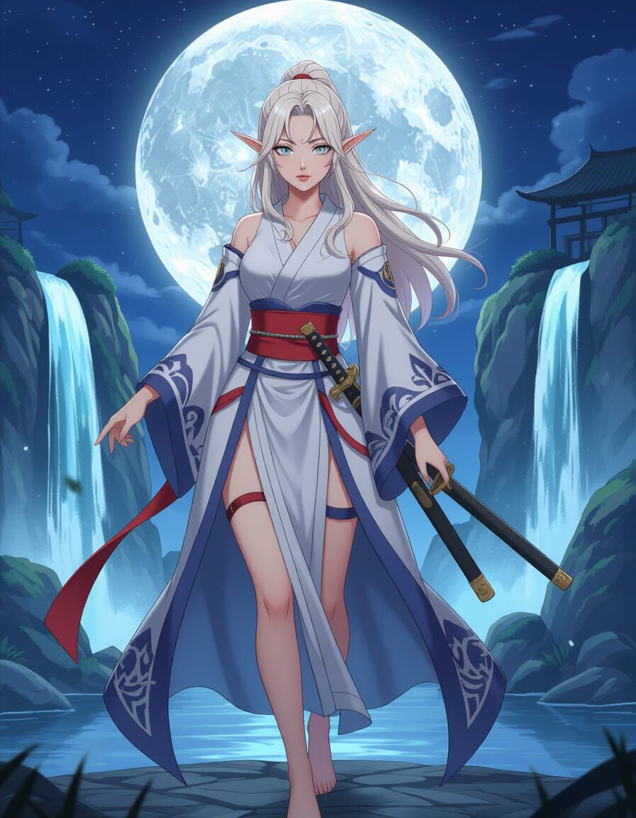 Moon Elf Swordswoman in Anime Style
