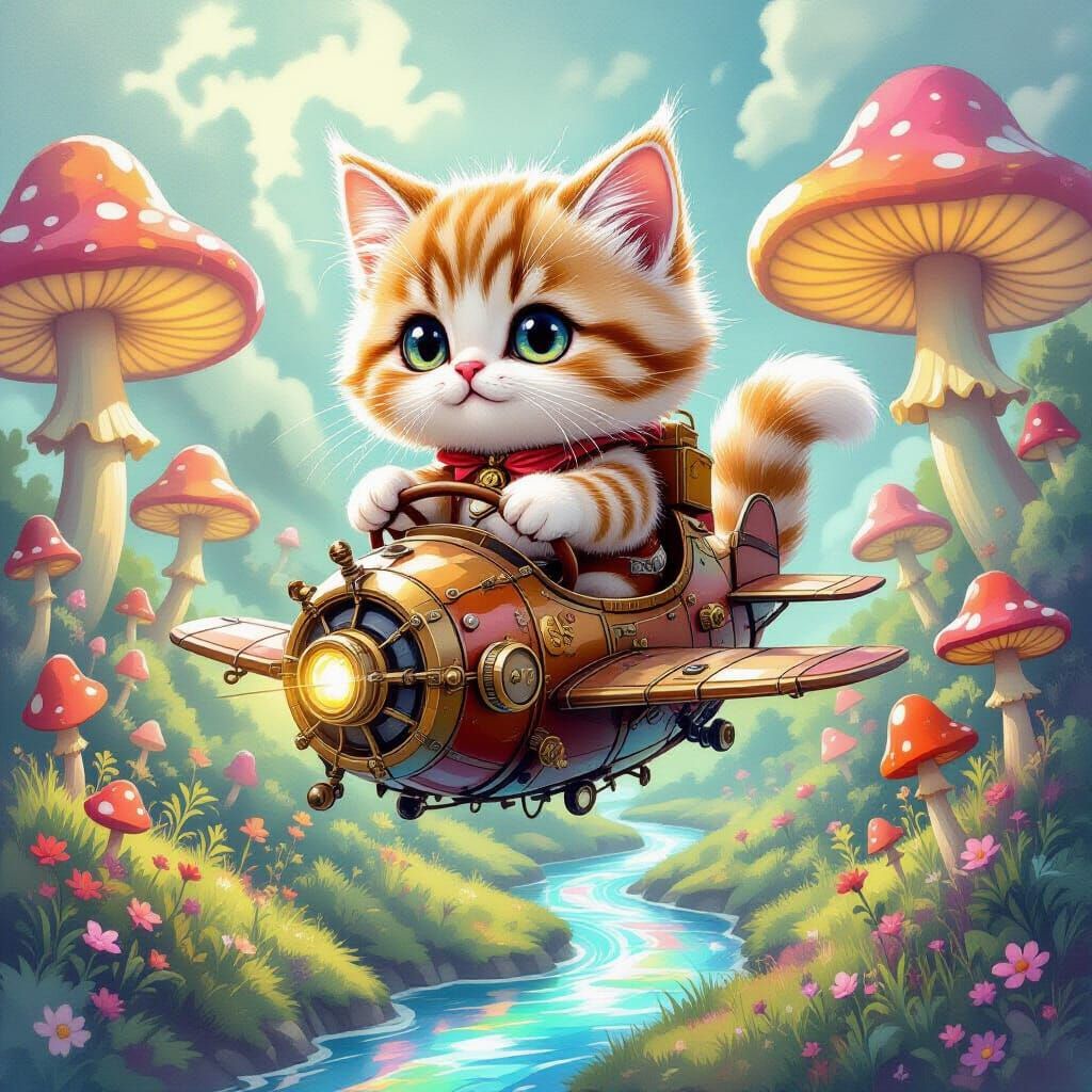 Stuffed Cat Pilots Steampunk Machine Over Whimsical Landscap...