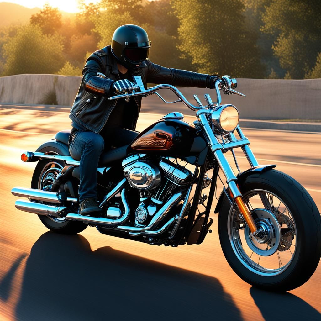 Biker on Harley Davidson at Sunset