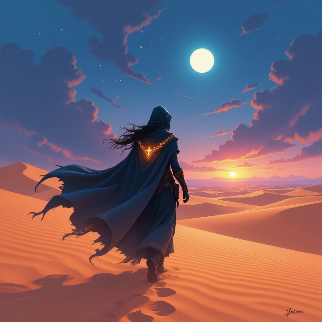 Arcane Nomad Zafira in Swirling Twilight Desert