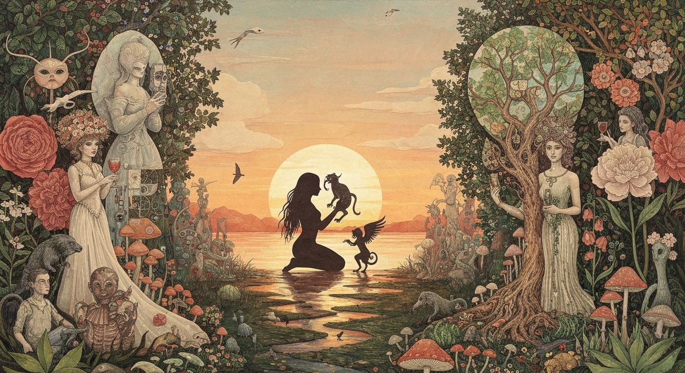 Mystical Creatures in Dreamlike Sunset Garden