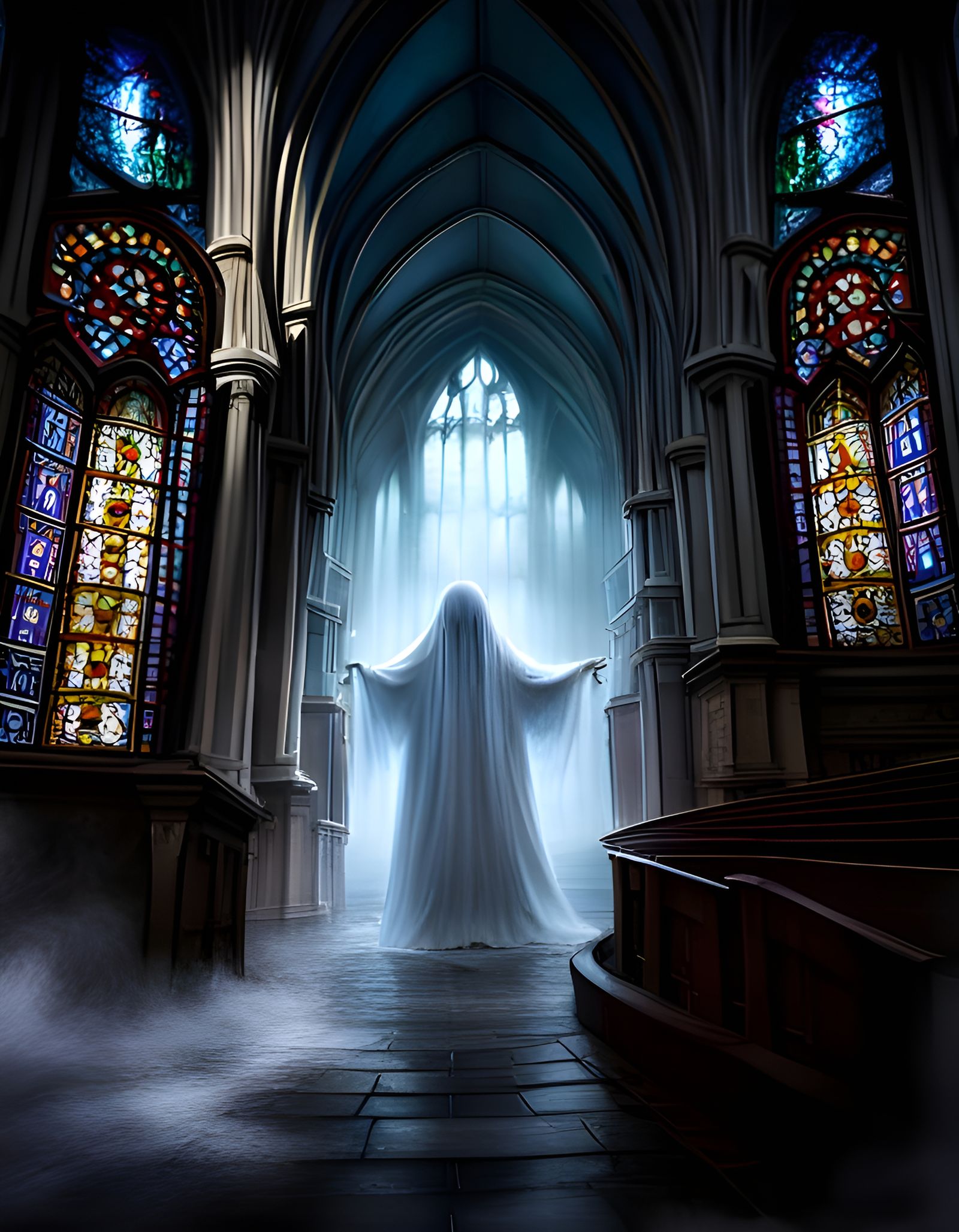 Ghostly Figure in Gothic Cathedral Stained Glass